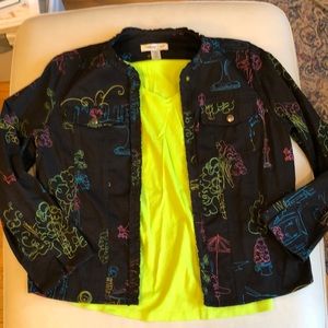 Coldwater Creek black w/ neon embroidered scenes, open front jacket